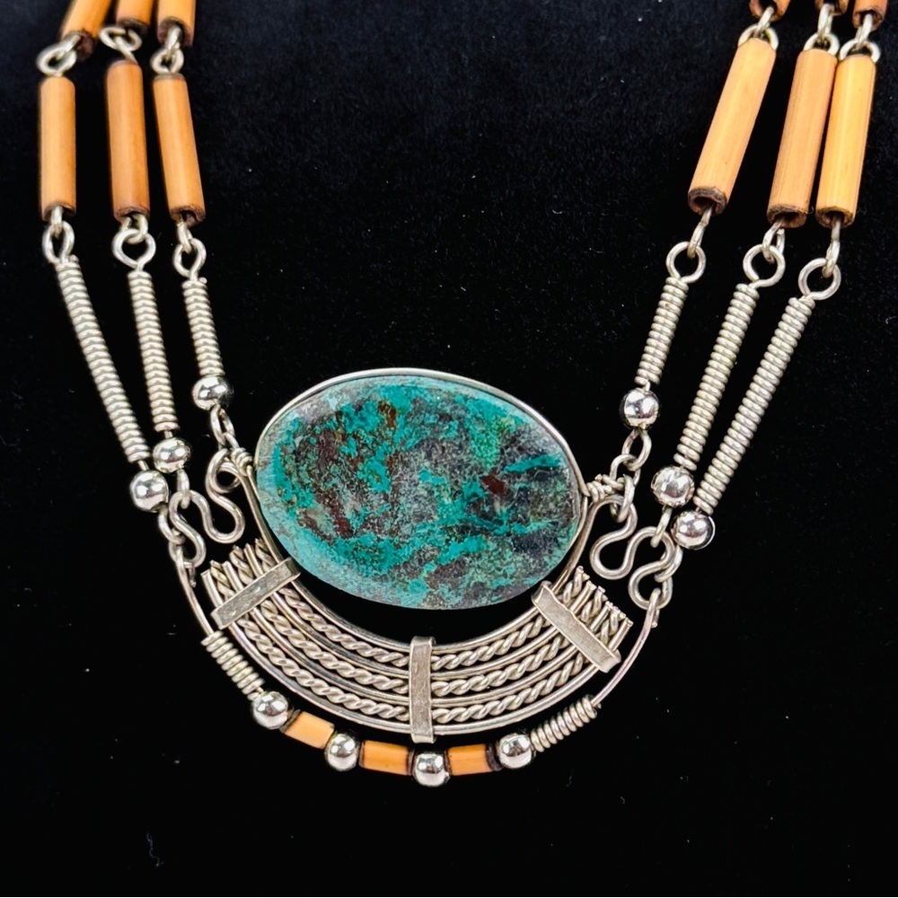 Vintage Three Strand Necklace Green Blue Oval Centerpiece Boho Artisan Style